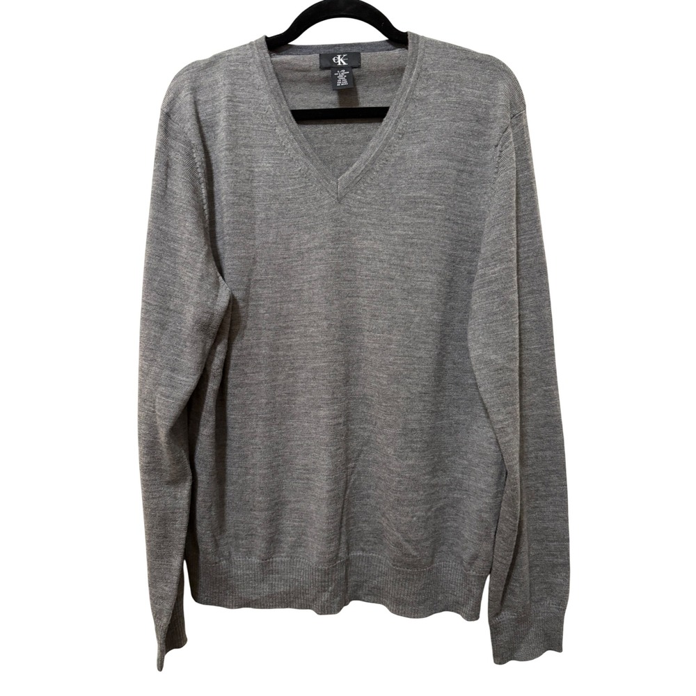 Calvin Klein‎ Mens Gray 100% Merino Wool V-Neck Sweater Large L
